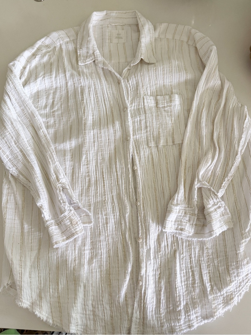 aerie White Gauze Button-Down Shirt with Gold Stripes